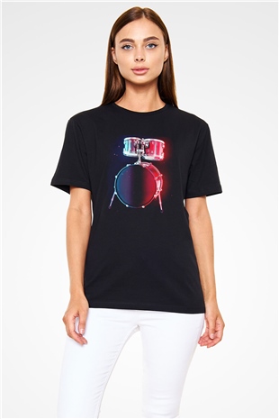 Bateri Baskılı Unisex Siyah Tişört - Tshirt