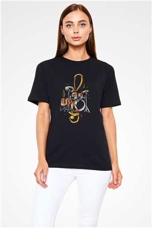 Bateri Baskılı Unisex Siyah Tişört - Tshirt