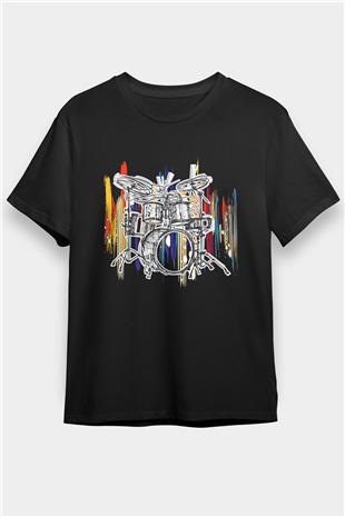 Bateri Baskılı Unisex Siyah Tişört - Tshirt