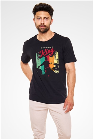 Bateri Baskılı Unisex Siyah Tişört - Tshirt