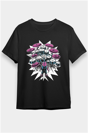 Bateri Baskılı Unisex Siyah Tişört - Tshirt