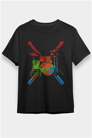 Bateri Baskılı Unisex Siyah Tişört - Tshirt