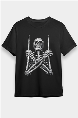 Bateri Baskılı Unisex Siyah Tişört - Tshirt