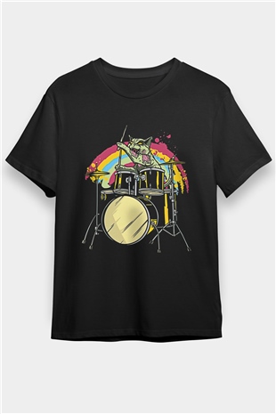 Bateri Baskılı Unisex Siyah Tişört - Tshirt
