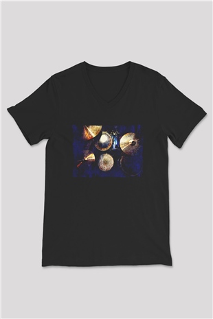 Bateri Baskılı Unisex Siyah V Yaka Tişört - Tshirt
