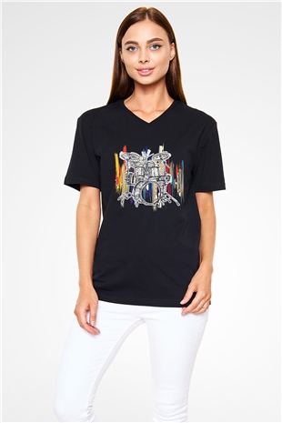 Bateri Baskılı Unisex Siyah V Yaka Tişört - Tshirt