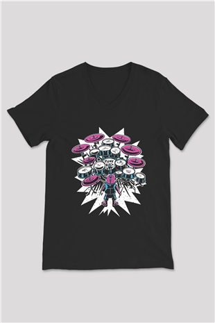Bateri Baskılı Unisex Siyah V Yaka Tişört - Tshirt
