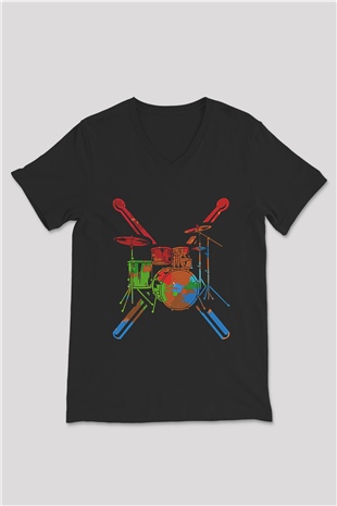 Bateri Baskılı Unisex Siyah V Yaka Tişört - Tshirt