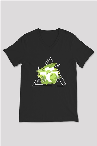 Bateri Baskılı Unisex Siyah V Yaka Tişört - Tshirt
