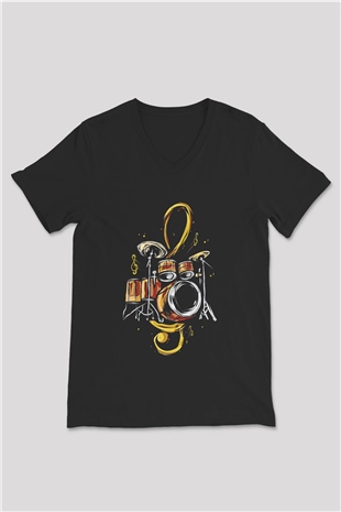 Bateri Baskılı Unisex Siyah V Yaka Tişört - Tshirt