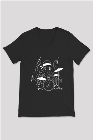 Bateri Baskılı Unisex Siyah V Yaka Tişört - Tshirt