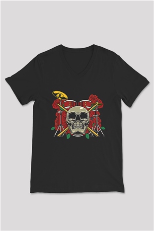 Bateri Baskılı Unisex Siyah V Yaka Tişört - Tshirt