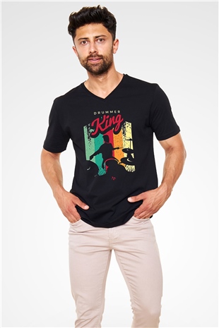 Bateri Baskılı Unisex Siyah V Yaka Tişört - Tshirt