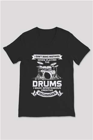 Bateri Baskılı Unisex Siyah V Yaka Tişört - Tshirt