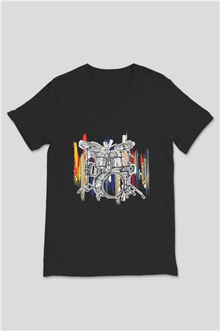 Bateri Baskılı Unisex Siyah V Yaka Tişört - Tshirt