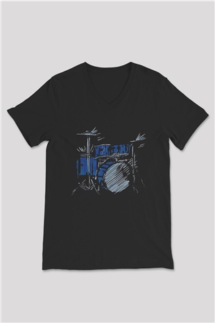 Bateri Baskılı Unisex Siyah V Yaka Tişört - Tshirt