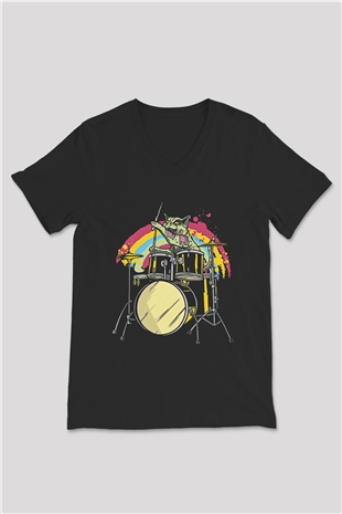 Bateri Baskılı Unisex Siyah V Yaka Tişört - Tshirt