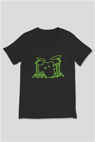 Bateri Baskılı Unisex Siyah V Yaka Tişört - Tshirt