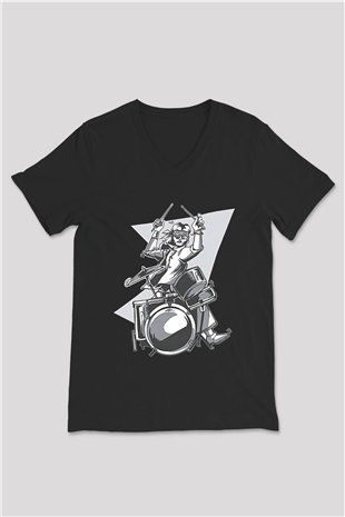 Bateri Baskılı Unisex Siyah V Yaka Tişört - Tshirt