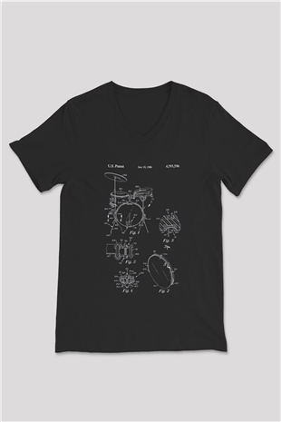 Bateri Baskılı Unisex Siyah V Yaka Tişört - Tshirt