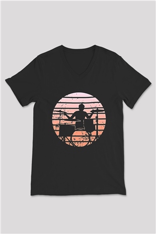 Bateri Baskılı Unisex Siyah V Yaka Tişört - Tshirt