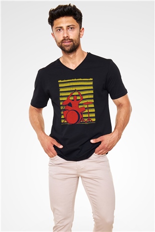 Bateri Baskılı Unisex Siyah V Yaka Tişört - Tshirt