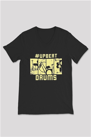 Bateri Baskılı Unisex Siyah V Yaka Tişört - Tshirt