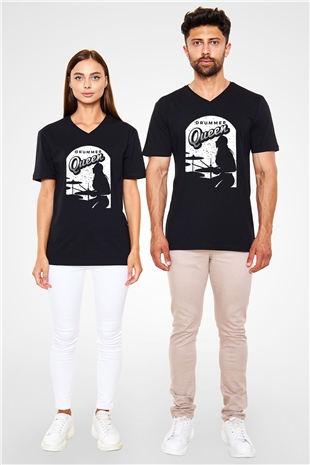 Bateri Baskılı Unisex Siyah V Yaka Tişört - Tshirt