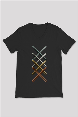 Bateri Baskılı Unisex Siyah V Yaka Tişört - Tshirt