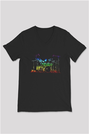 Bateri Baskılı Unisex Siyah V Yaka Tişört - Tshirt