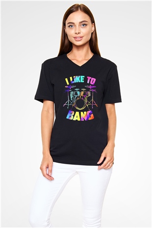 Bateri Baskılı Unisex Siyah V Yaka Tişört - Tshirt