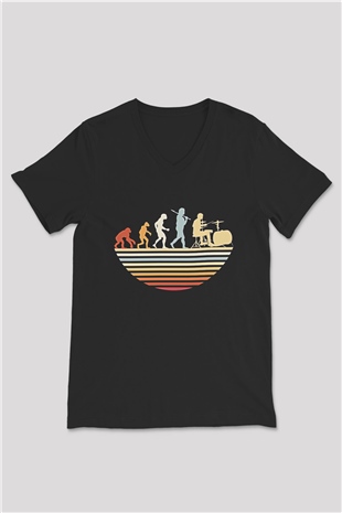 Bateri Baskılı Unisex Siyah V Yaka Tişört - Tshirt
