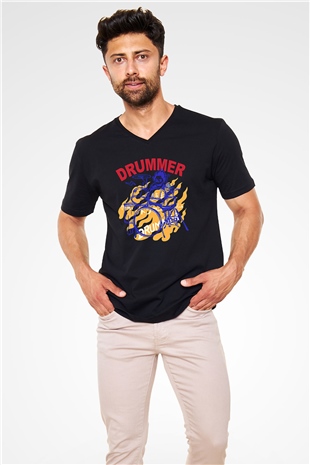 Bateri Baskılı Unisex Siyah V Yaka Tişört - Tshirt