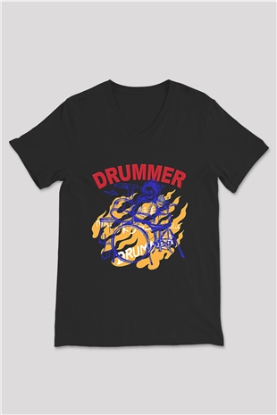 Bateri Baskılı Unisex Siyah V Yaka Tişört - Tshirt