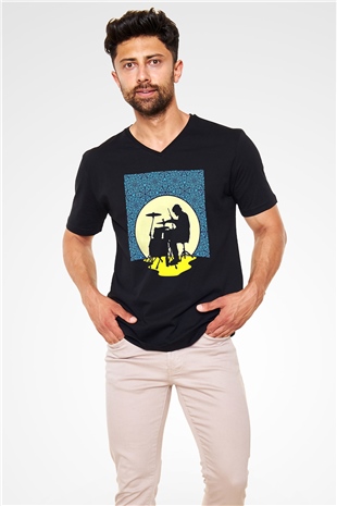 Bateri Baskılı Unisex Siyah V Yaka Tişört - Tshirt