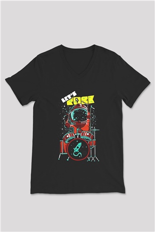 Bateri Baskılı Unisex Siyah V Yaka Tişört - Tshirt