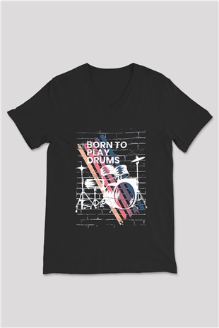Bateri Baskılı Unisex Siyah V Yaka Tişört - Tshirt