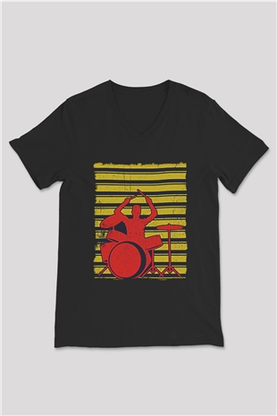 Bateri Baskılı Unisex Siyah V Yaka Tişört - Tshirt