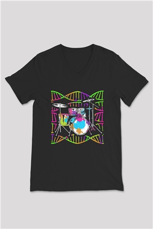 Bateri Baskılı Unisex Siyah V Yaka Tişört - Tshirt