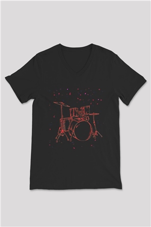 Bateri Baskılı Unisex Siyah V Yaka Tişört - Tshirt