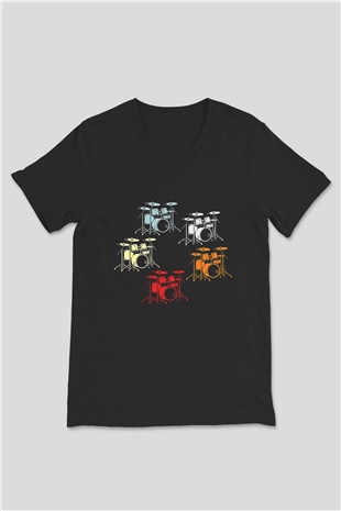 Bateri Baskılı Unisex Siyah V Yaka Tişört - Tshirt