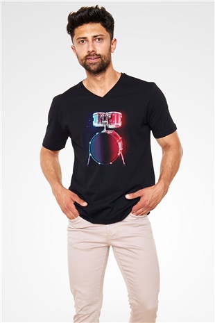 Bateri Baskılı Unisex Siyah V Yaka Tişört - Tshirt