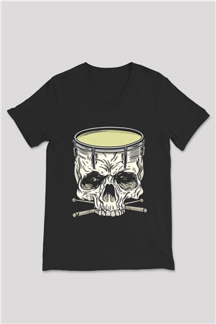 Bateri Baskılı Unisex Siyah V Yaka Tişört - Tshirt