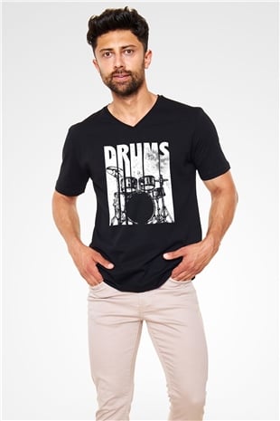 Bateri Baskılı Unisex Siyah V Yaka Tişört - Tshirt