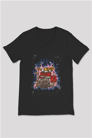 Bateri Baskılı Unisex Siyah V Yaka Tişört - Tshirt