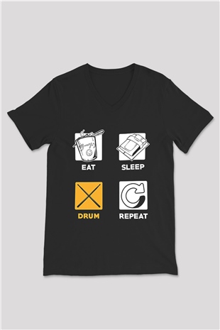 Bateri Baskılı Unisex Siyah V Yaka Tişört - Tshirt
