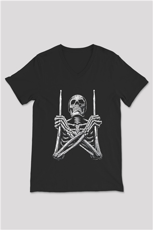 Bateri Baskılı Unisex Siyah V Yaka Tişört - Tshirt