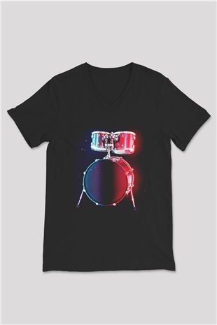 Bateri Baskılı Unisex Siyah V Yaka Tişört - Tshirt
