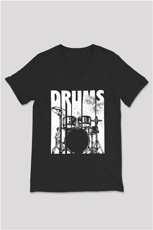Bateri Baskılı Unisex Siyah V Yaka Tişört - Tshirt