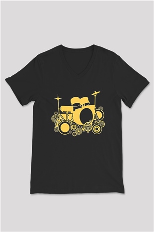 Bateri Baskılı Unisex Siyah V Yaka Tişört - Tshirt